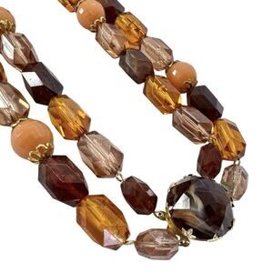 West Germany Necklace 2 Strand Beaded Translucent Brown Cream Boho Chic Vintage